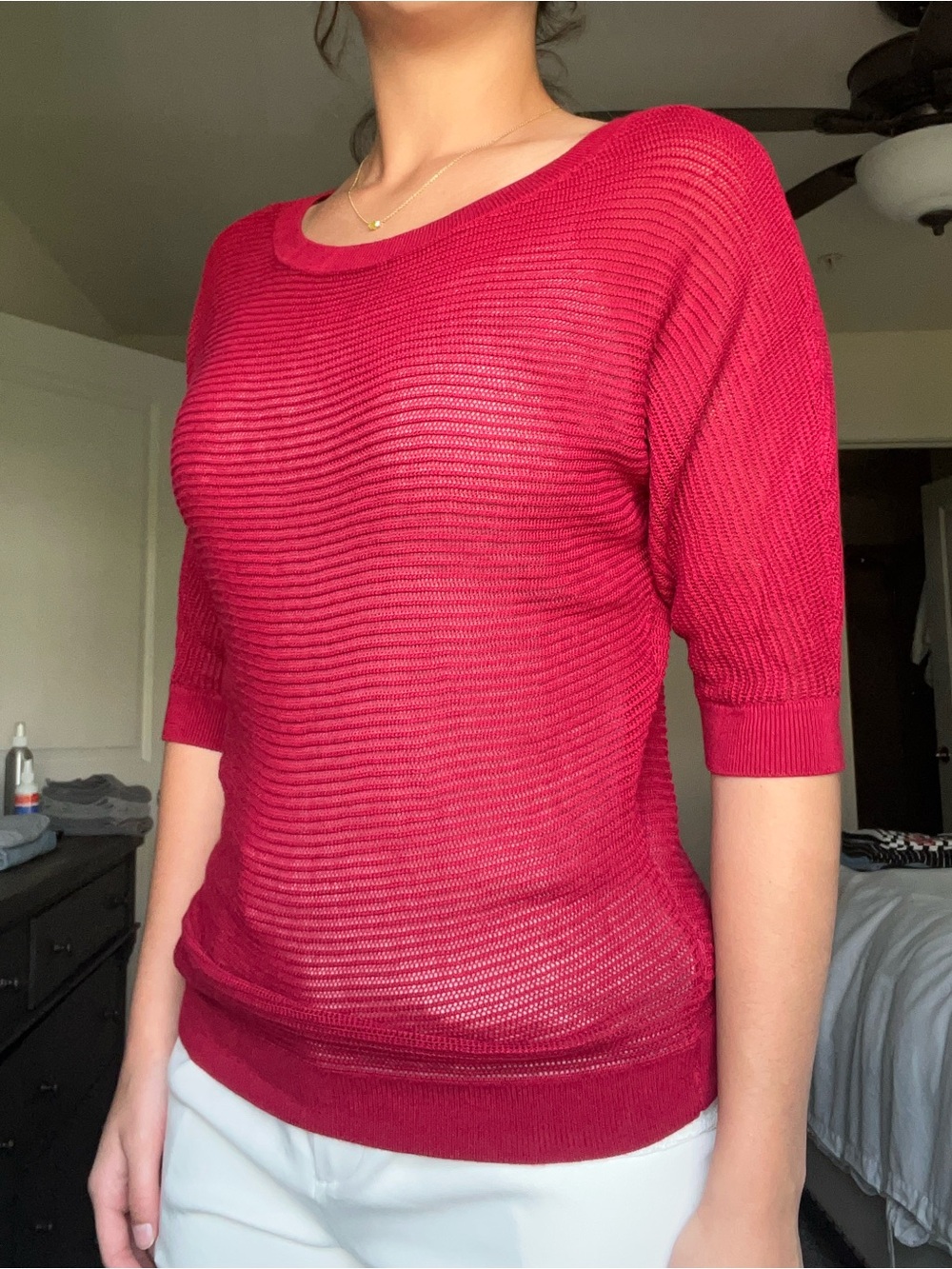 Express Women's Bright Red Scoop Neck Lightweight Knit Sweater
